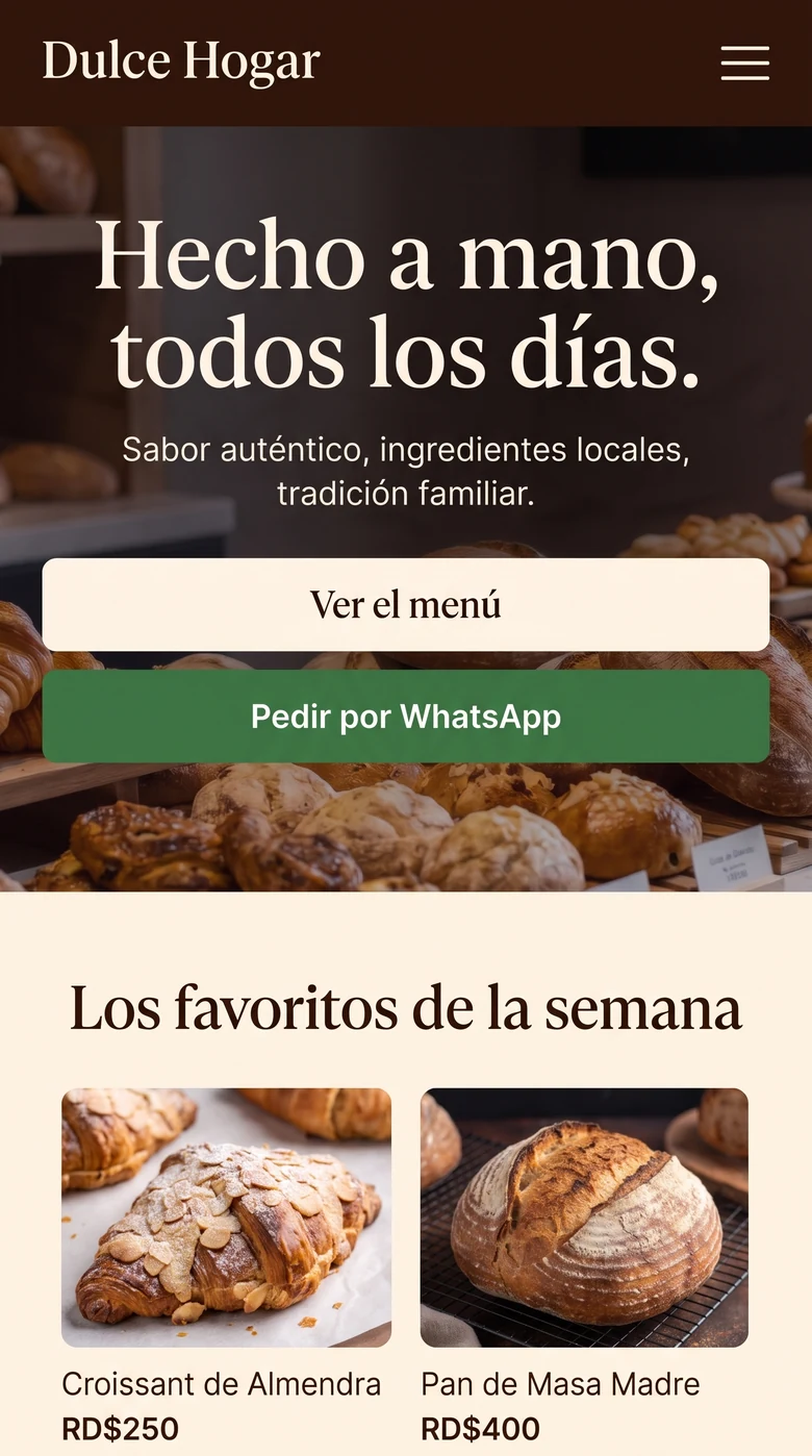 Ejemplo: sitio de una panadería con foto a pantalla completa y productos con precio (celular)
