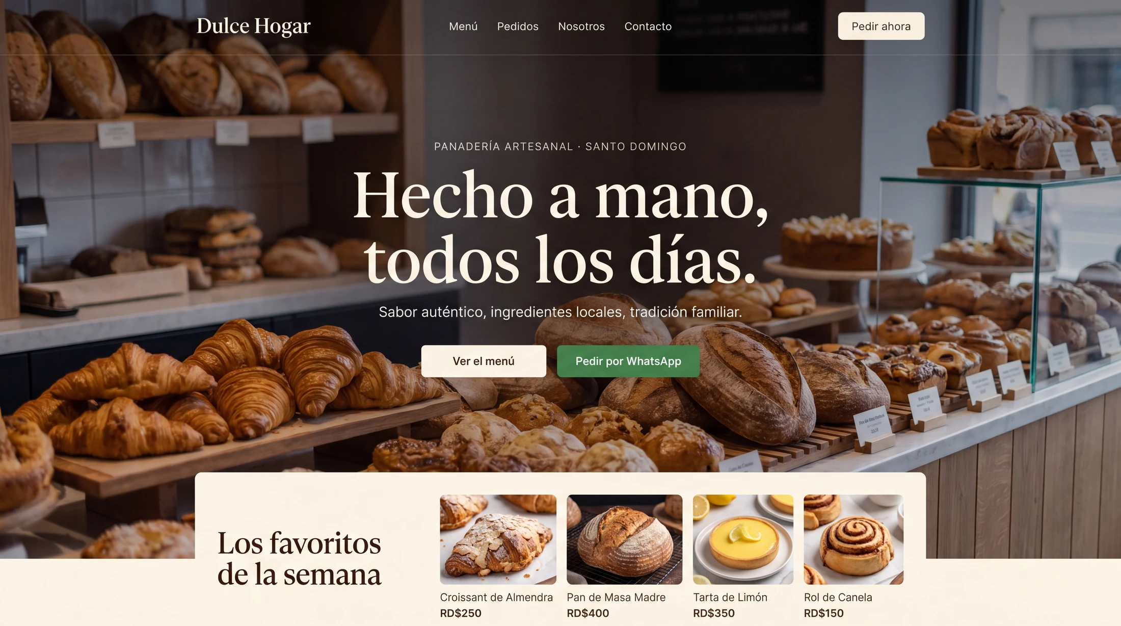 Ejemplo: sitio de una panadería con foto a pantalla completa y productos con precio (computadora)