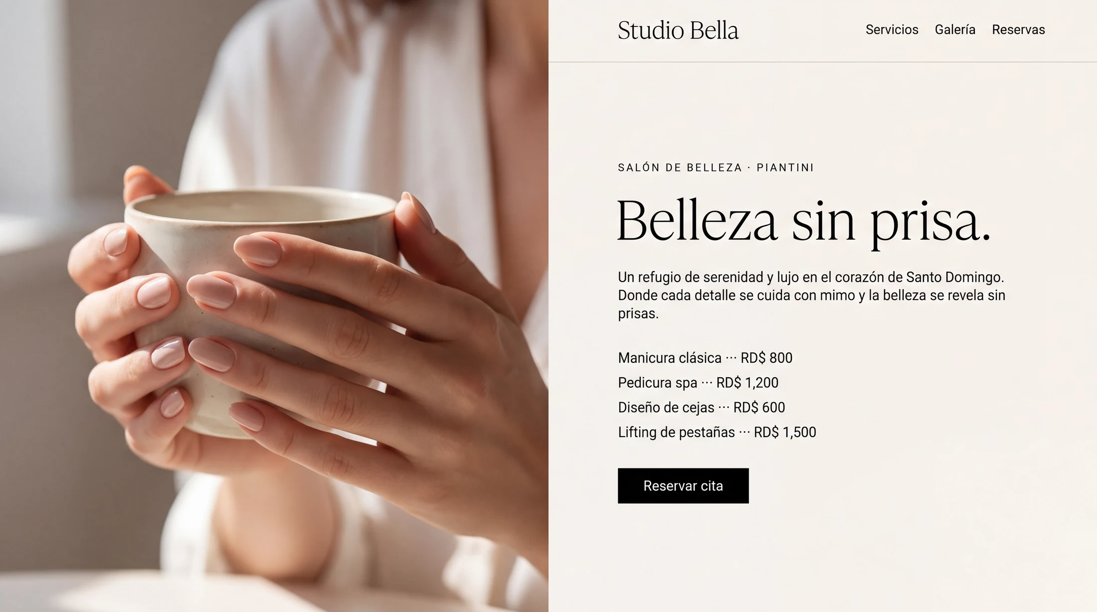 Ejemplo: sitio editorial de un salón de belleza con lista de precios (computadora)