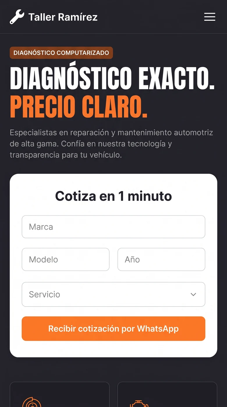 Ejemplo: sitio oscuro de un taller mecánico con formulario de cotización (celular)