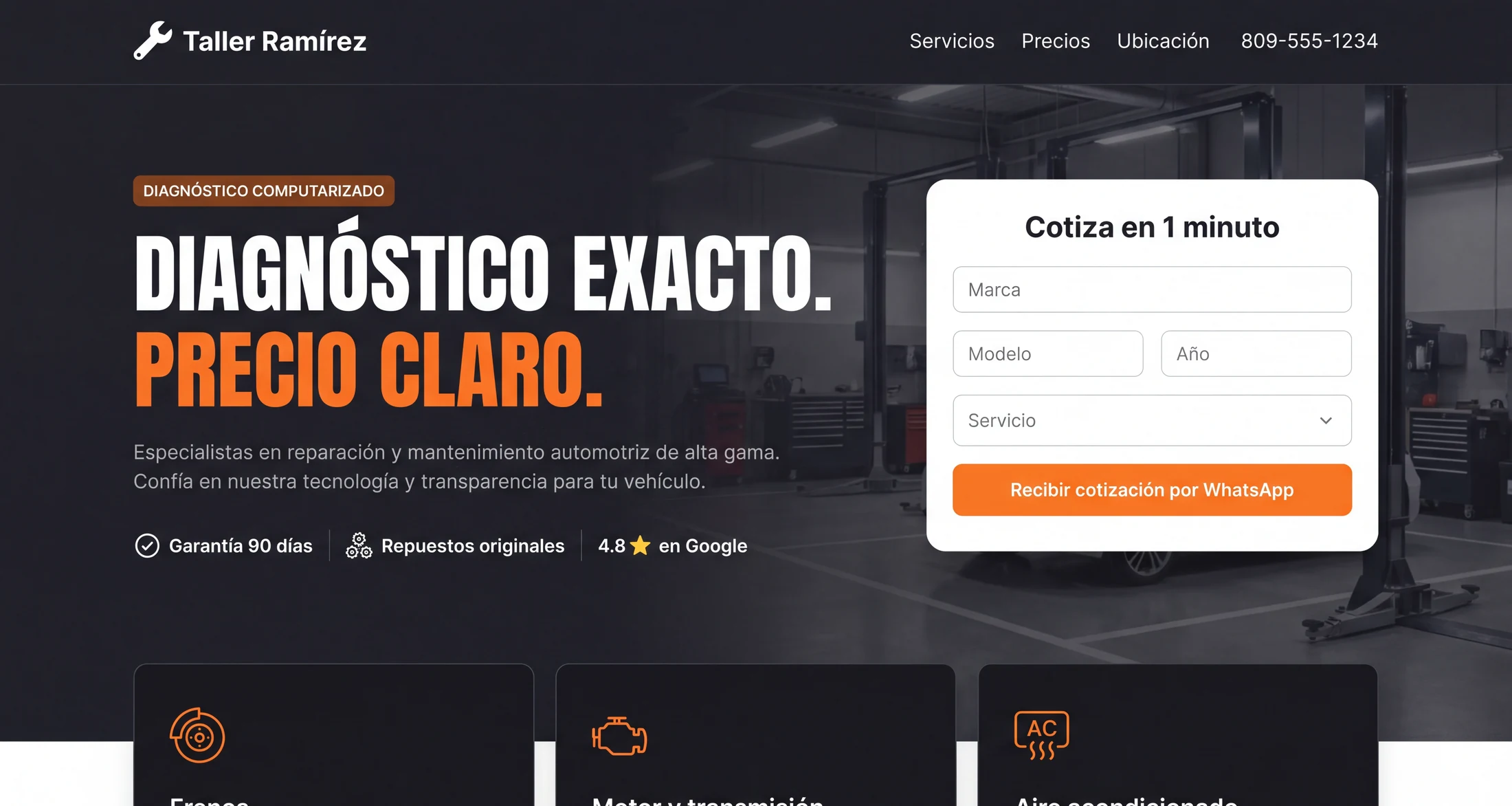 Ejemplo: sitio oscuro de un taller mecánico con formulario de cotización (computadora)